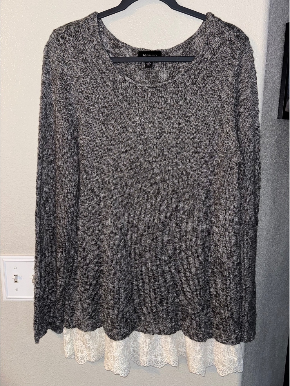 AB Studio Marled Knit Sweater Womens XL Charcoal Grey White Lace Hem Layered